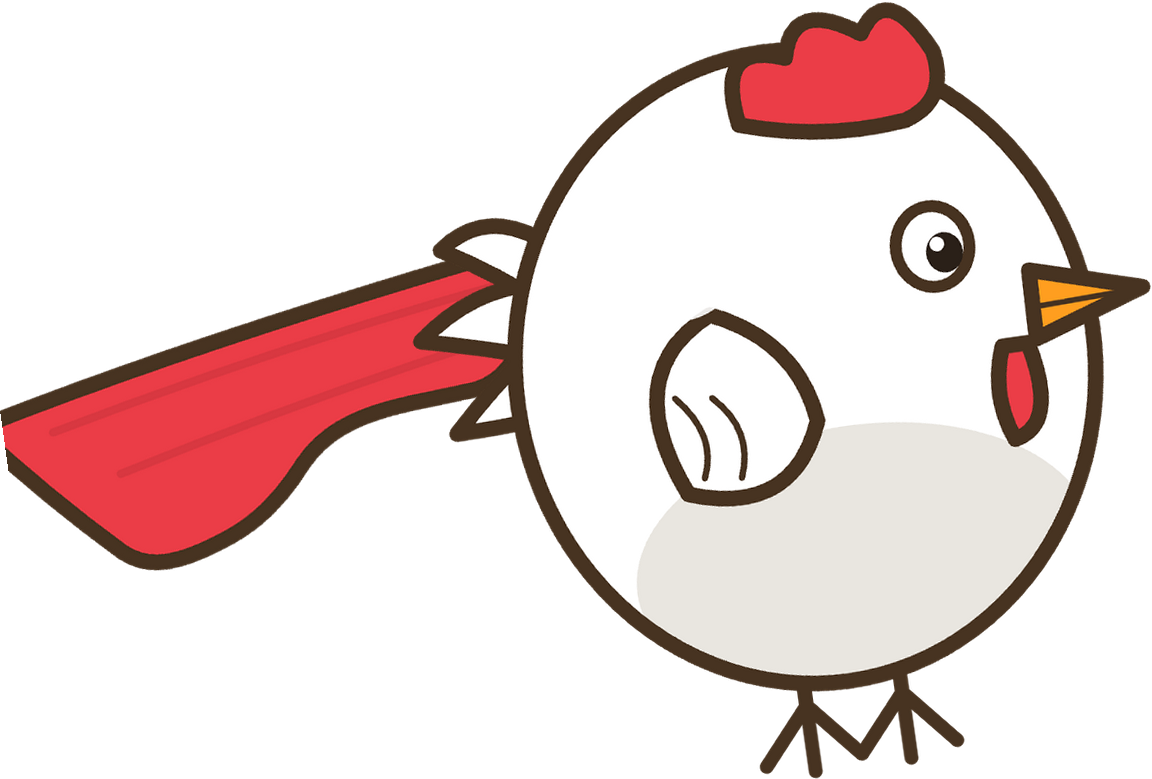 Captain Cluck, a white cartoon chicken in a red cape, flying